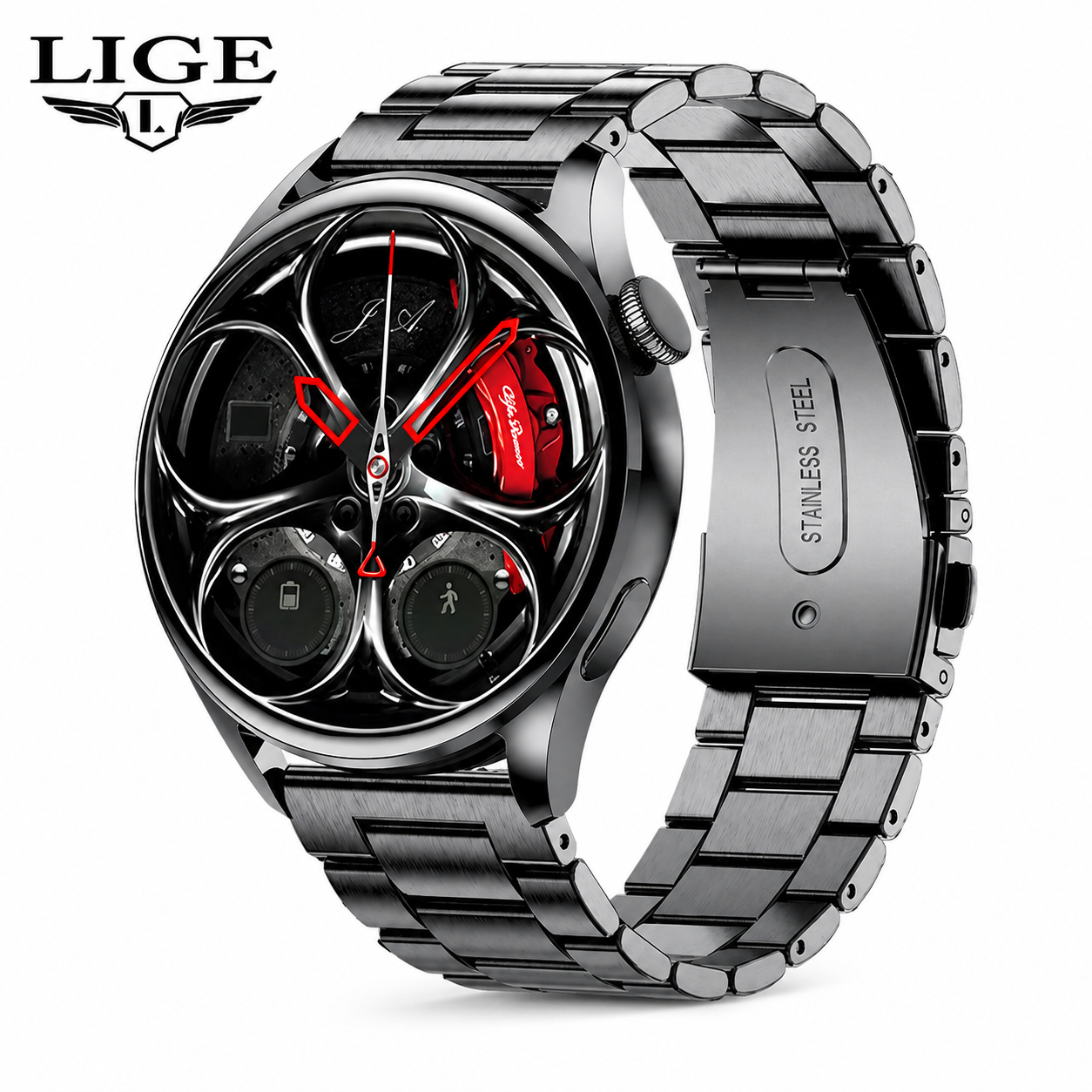 Smartwatch deportivo negro con correa metalica